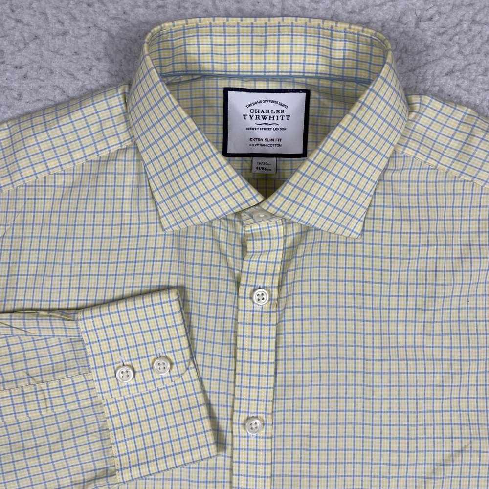 Charles Tyrwhitt Dress Shirt Mens 16/34 Yellow Blue Check Extra Slim Fit Cotton